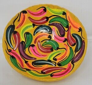 Mexican Folk Art Pottery Footed Bowl Hand Painted Dish Chili Pepper Motif Bright